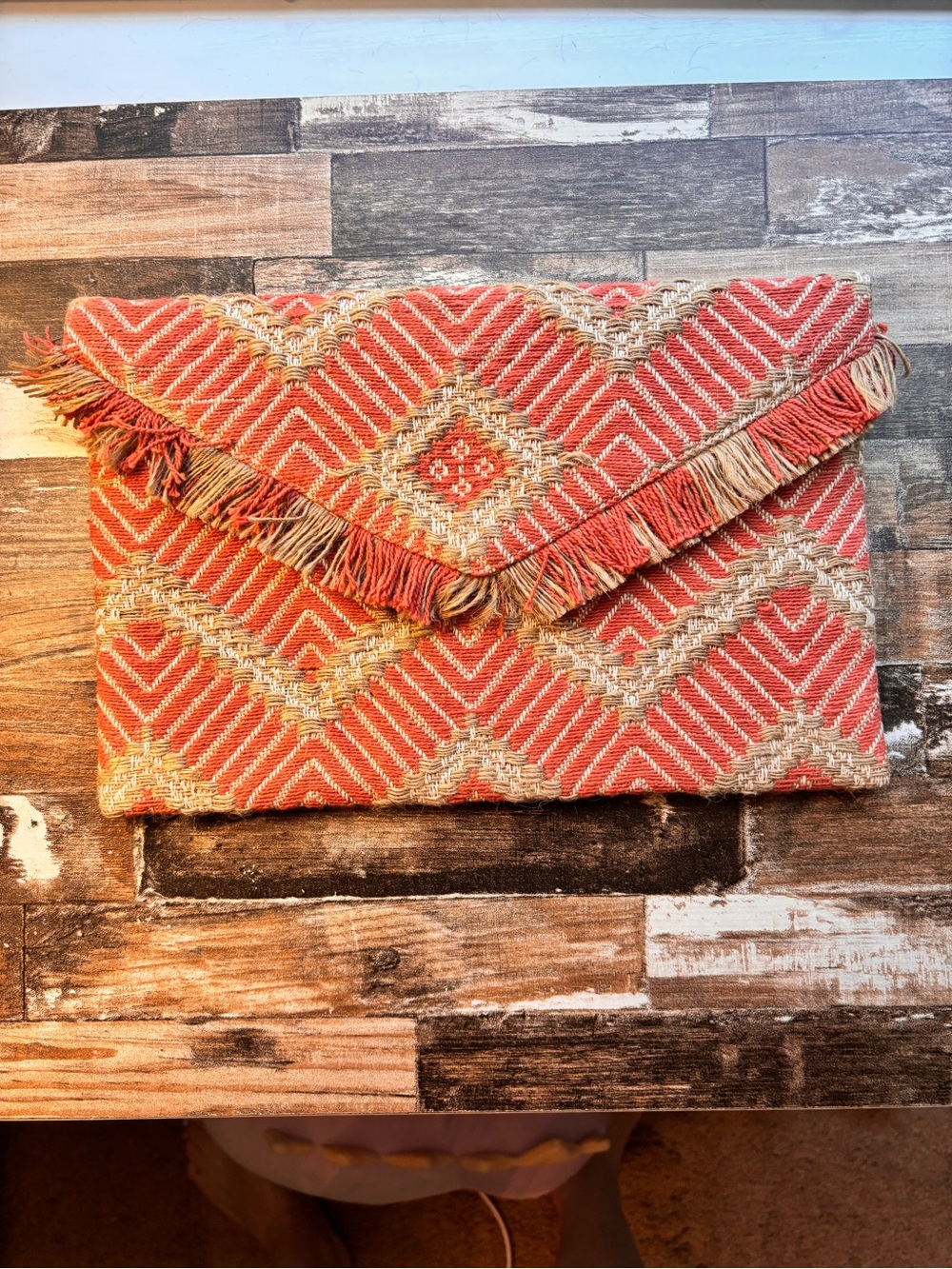 Textured Orange & Natural Fringe Envelope Clutch